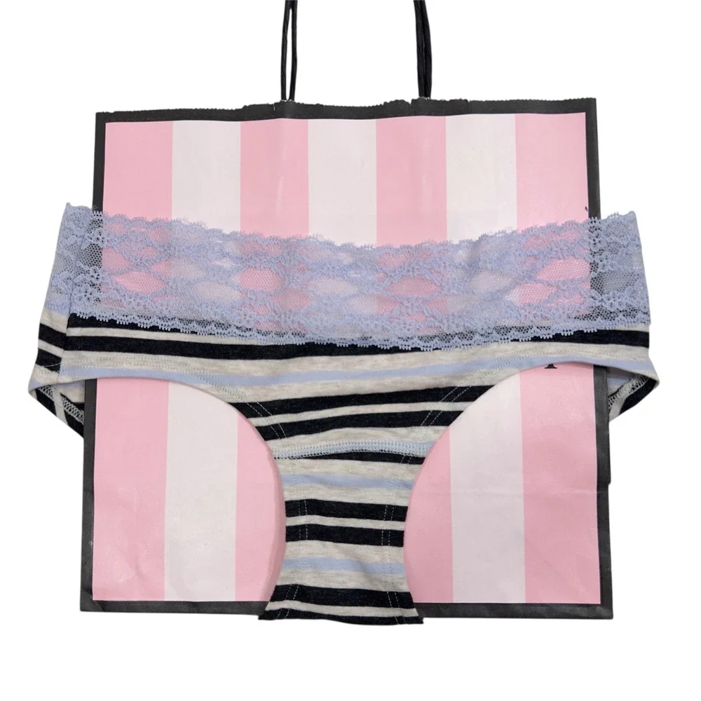 Victorias Secret XS Low Rise Hip‎ Hugger Striped Panties with Blue Lace Trim NWT
